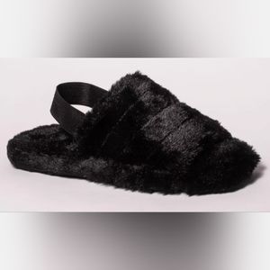 NWOT Ladies Slippers  Faux Fur Fluffy Sliders Elastic Slingback Open Toe Slip On